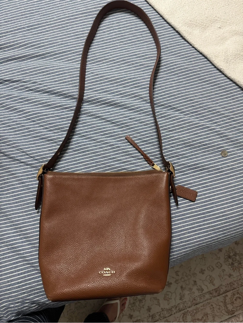Coach Camel Brown Leather Crossbody Tote with Gold Zipper Detail - Picture 5 of 7
